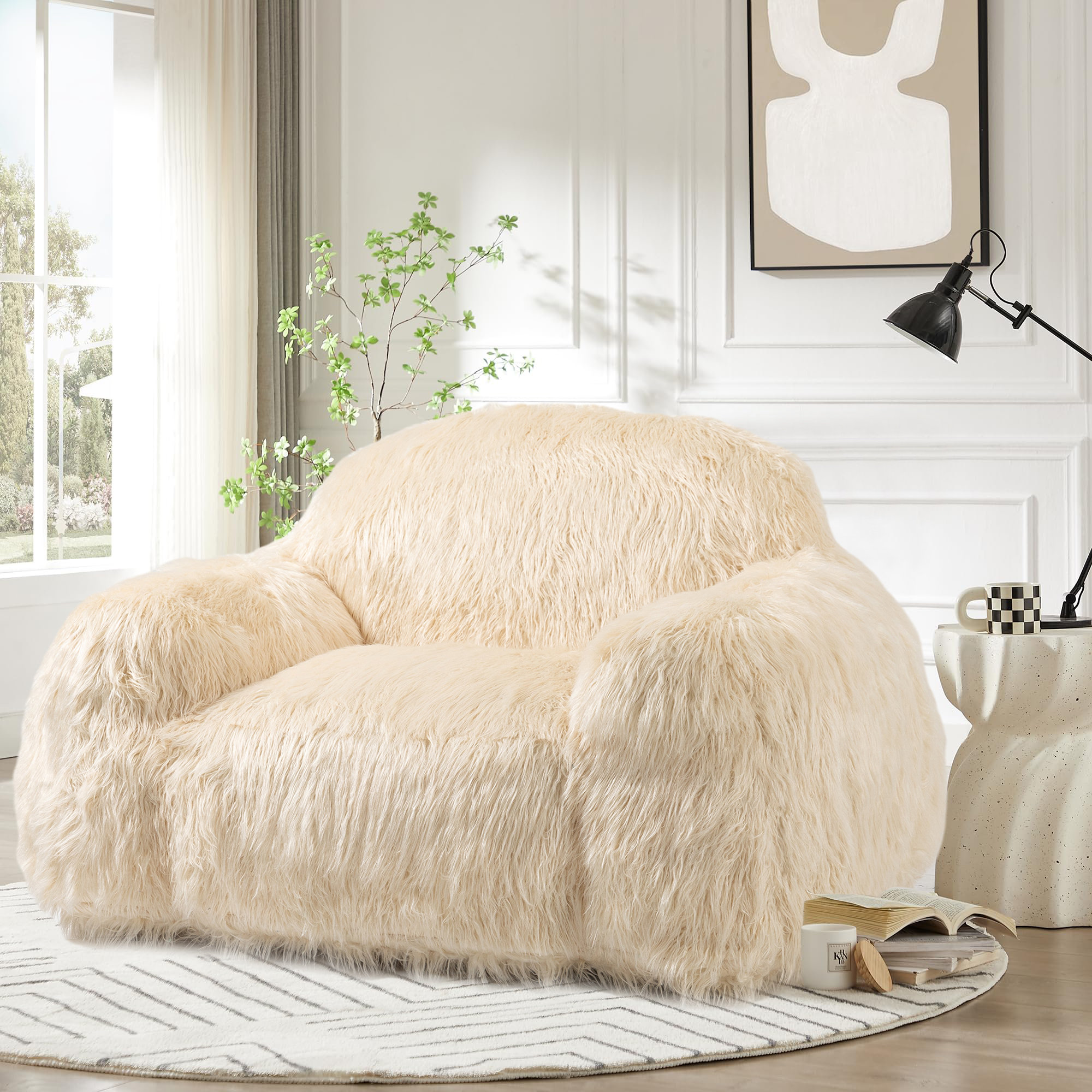 Mercer41 Varnes 52.8"W Faux Fur Bean Bag Chairs, Oversized Fluffy